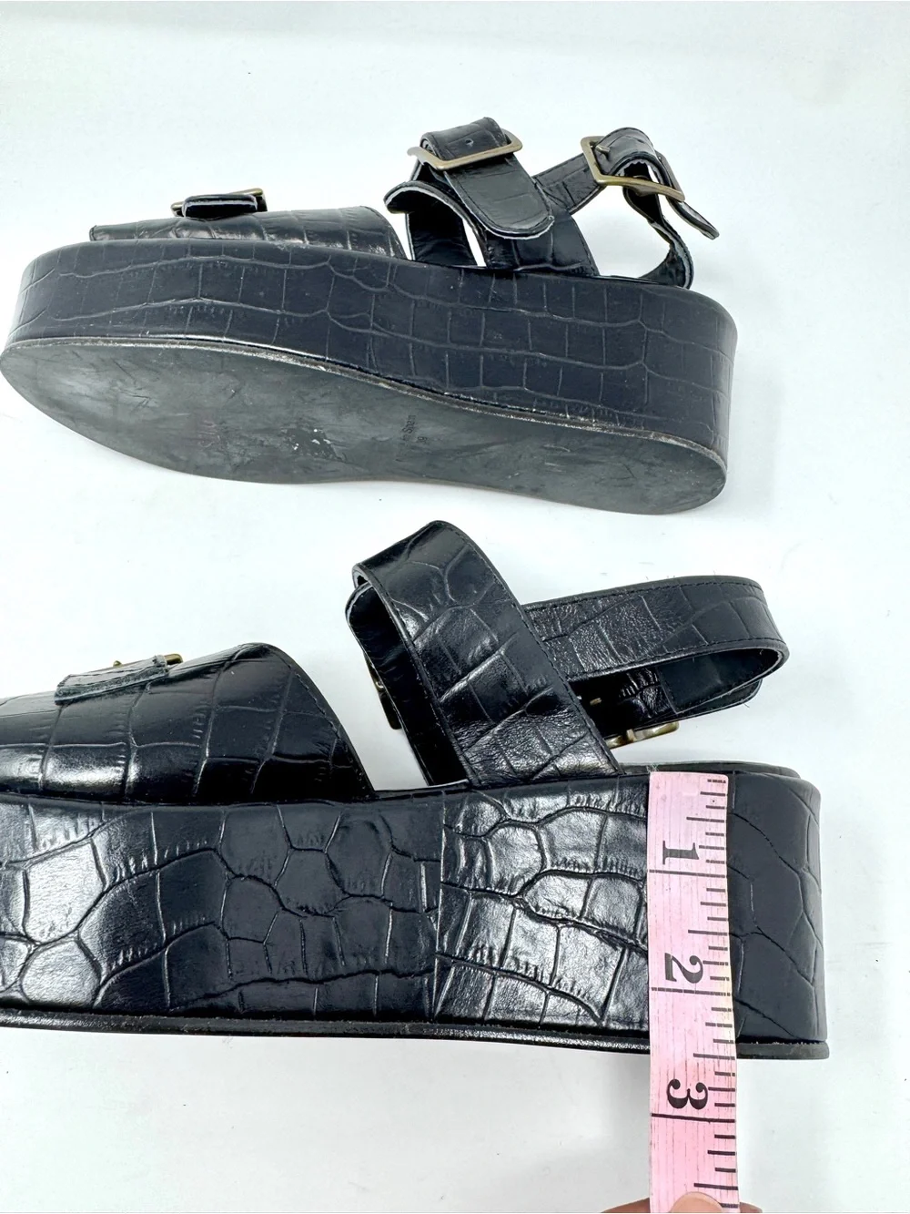 Caron Callahan Margaret Platform Sandal Faux Crocodile Buckle Straps Black Sz 9